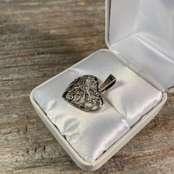 Vintage Sterling Silver 925 Marcasite Heart Pendant - Picture 2 of 6
